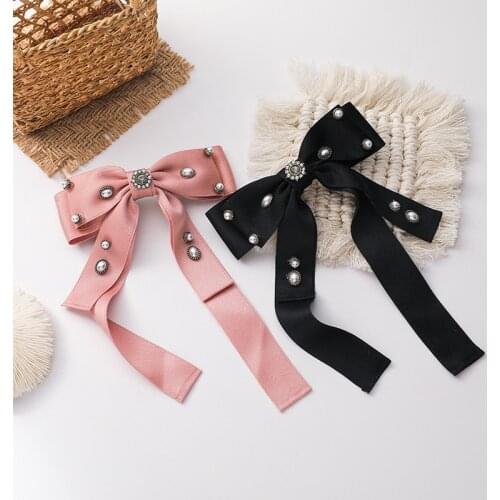 Korean Cute Big Black Pink Bowknot Barrettes for Women Girl Beading Simulated Pearl Cross Knotted Clip Hairpins Hair Accessories