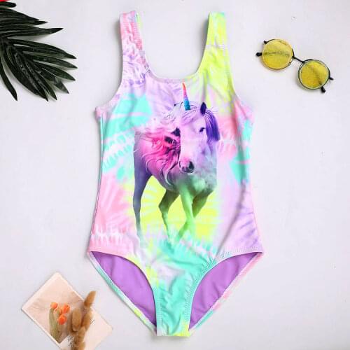 Unicorn Horse Girl Swimsuit Kids One Piece 4-16Years Childrens Swimwear Tie Dye Girls Bathing Suit Beachwear Swimming Suit 2021