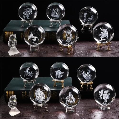 80 MM Laser Engraved Zodiac Signs Crystal Ball 3D Miniature Crafts Glass Sphere Home Decoration Accessories Gift Horoscope