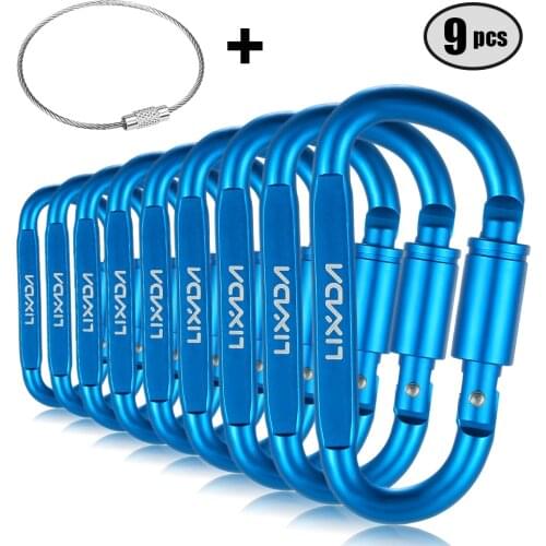 Lixada 9 Pack Aluminum Alloy D-ring Locking Carabiner Clip Set Screw Lock Hanging Hook Buckle Keychain with Steel Wire Ring