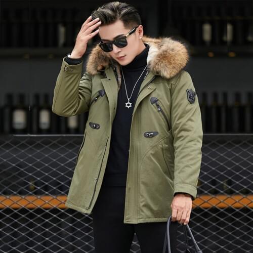2020 new men real fur coat real raccoon fur collar mink fur liner hooded parka jacket long section thick fur one coat