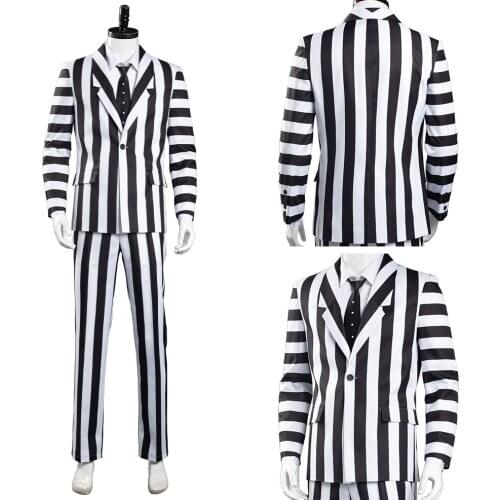 Beetlejuice Adam Cosplay Costume Men Black and White Striped Suit Jacket Shirt Pants Outfits Halloween Carnival