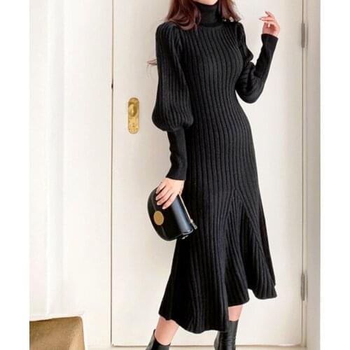 Women Knitted Sweater Dress Winter Turtleneck Warm Thicken Mermaid Korean Elegant Lantern Sleeve Long Maxi Dresses