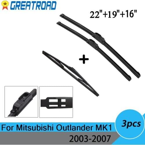 Wiper Front & Rear Wiper Blades Set Kit For Mitsubishi Outlander MK1 2003-2007 2004 2005 2006 Windshield Windscreen 22"+19"+16"
