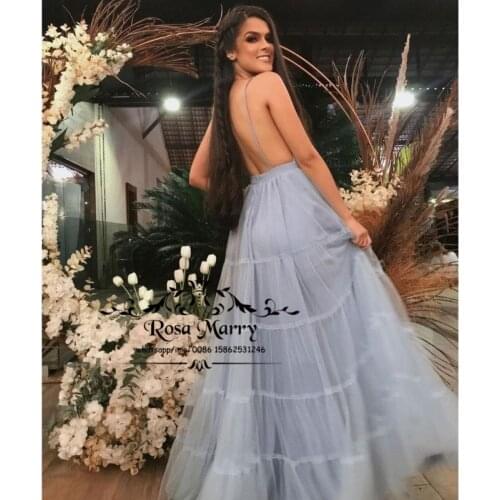 Sexy Backless Long Prom Dresses 2021 A Line Deep V Neck Plus Size Tulle Ruffles Cheap Girls Pageant Graduation Party Wears