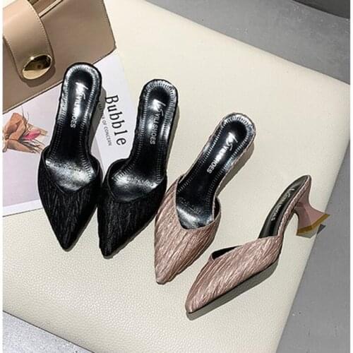 Pleated fabric women slippers cover toe mule slides strange high heel flipflops beach shoes champagne wrinkle silk slides summer