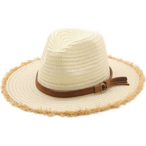 Summer Topper Womens Beach Vacation Raw Edge Straw Hat Outdoor Mens Sunshade Hat Big Brim Jazz Panama Hat