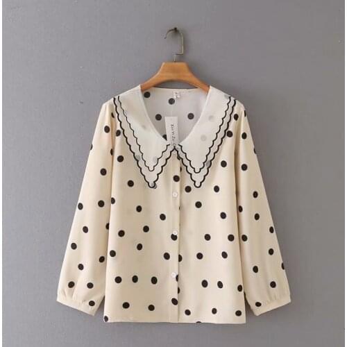 Oversized shirt double-layer collar polka dot chiffon womens blouses new 2021 spring autumn Womens long sleeve top pink black