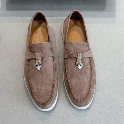 2020New High Quality Nude Suede Loafers Summer walk shoes Women Metal lock decorate Slip On mules Casual Flat Shoes Runway Shoes