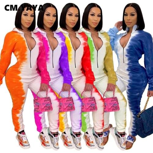CM.YAYA Autumn Winter Tie Dye Gradient Womens Jumpsuit Long Sleeve Patchwork Bodycon One Piece Zipper Overall Rompers Outfits