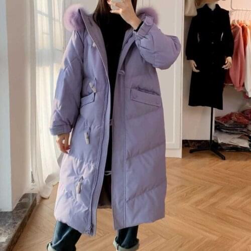 White Duck Down Jacket Womens Real Fur Hat Hooded Long Coat 2021 Winter New Thickened Warm Solid Horn Buckle Zipper Parker
