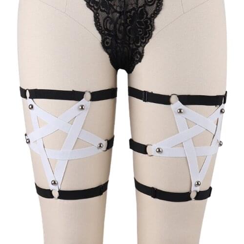 Goth Rivet Garter Belt Black White Pentagram Sexy Body Harness Bondage Stockings Leg Harness Star Wedding Garter