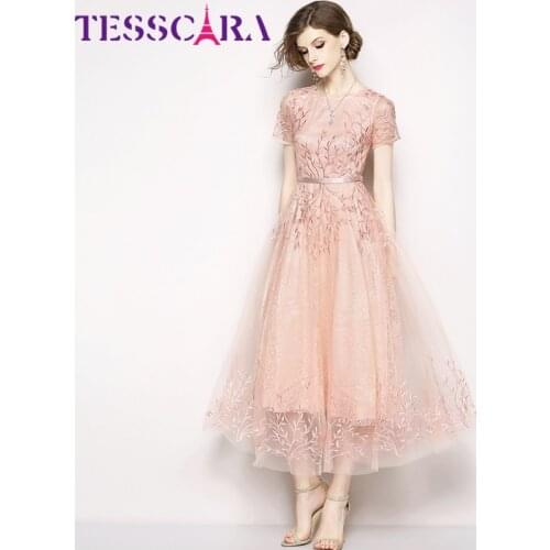 TESSCARA Women Luxury Embroidery Mesh Dress Festa High Quality Elegant Wedding Party Robe Femme Vintage Designer Lace Vestidos