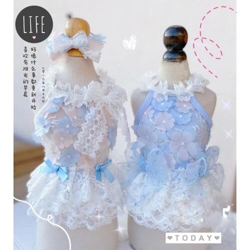 Free Shipping Handmade Dog Clothes 100%Cotton Lace Tulle Skirt 3D Flowers Little Fairy Sexy Vest Braces Dress Party Princess