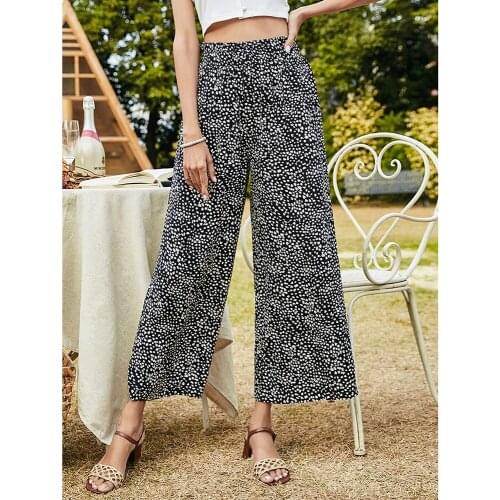 Cusual Pants Women Summer Loose Wide Leg Elastic High Waist Simple Comfortable Elegant Lady Floral Print Straight Streetwear