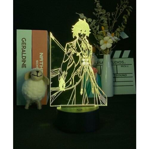 Kids Night Light LED Bedside Illusion Nightlight Zhongli Figure Anime 3D Desk Lamp Genshin Impact App Control Birthday Xmas Gift