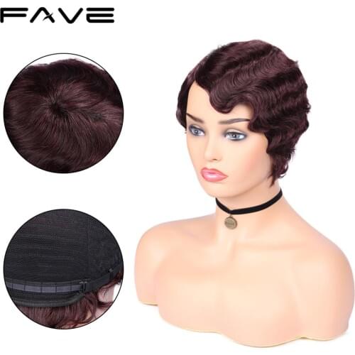 FAVE Human Finger Wave Wigs Short Brazilian Remy Retro Pixie Cut Wigs Ocean Wave Wig For Black Women Cosplay Short Hairstyle