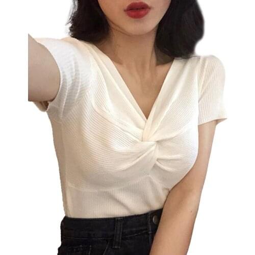 Fashion Summer T-Shirts Women Short Sleeve Stretch Knitted V-neck Cross Wrap Tee Tops T shirts Streetwear Femme