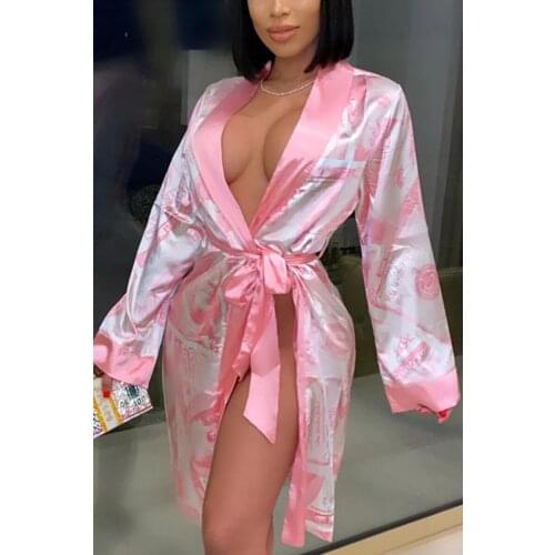 New Fashion Women Ladies Satin Silk Robes Trendy Dollar Print Long Sleeve Silky Kimono Bathrobe Sleepwear with Belt