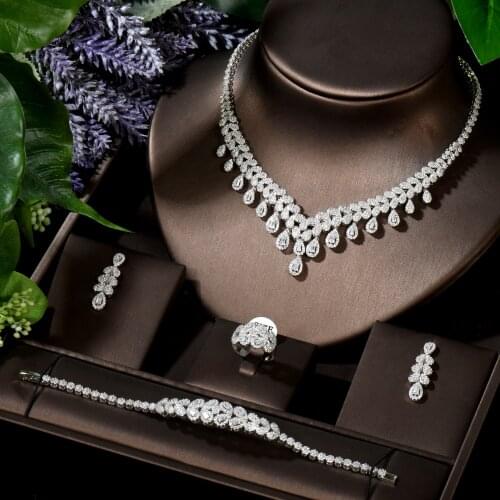 HIBRIDE Unique Water Drop 4pcs Wedding Bridal Jewelry Cubic Zircon Necklace Set Dress Jewelry For Party Accessories N-1597