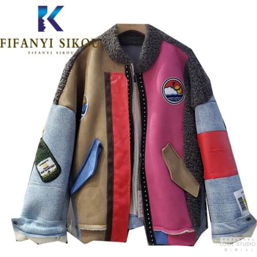 Suede Jacket Women Thick Warm Lambs Wool Winter Coat Fashion Patchwork Faux Leather Jacket Female Zipper Loose Motorcycle Coat