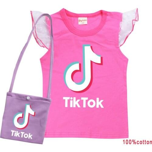 TIK TOK Summer girls wear cotton flying sleeve T - shirt + cross-body bag baby clothes