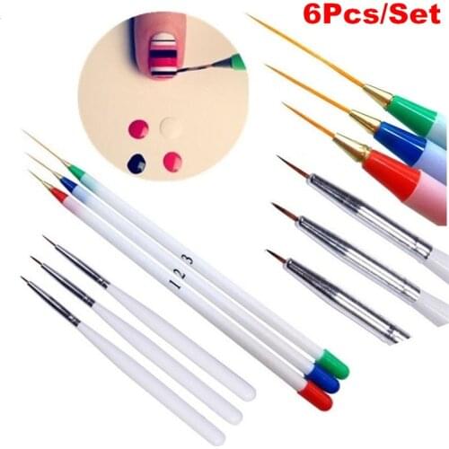 6Pcs/Set Pack Fine Drawing Striping Liner Design Tips Nail Art Pen Brushes Brush Salon DIY Tool Manicure