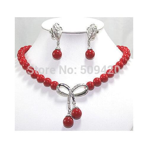 Wholesale 32012 >Pretty jewelry 10mm Red shell pearl Necklace inlaid crystal Earring Set