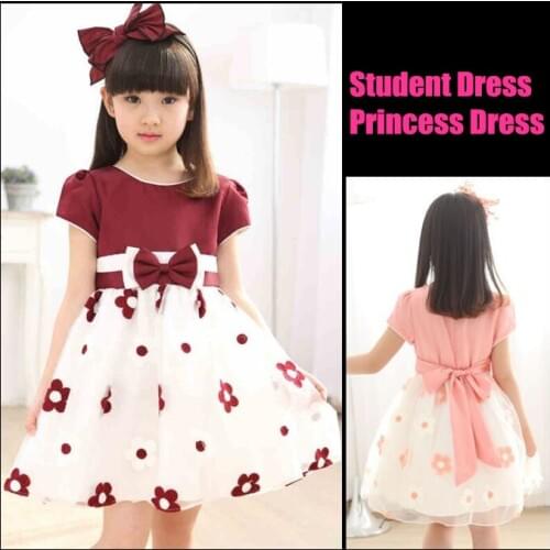 Primary School Girls Students Knee-Length O-Neck Dress,Medium-Big Children Sleeveless Cute Bowknot Princess Dress,For 3-15 ages