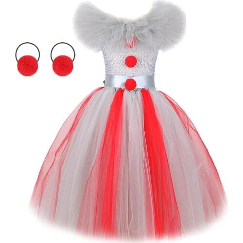 Joker Pennywise Girls Tutu Dress Gray Red Long Clown Cosplay Halloween Costumes For Kids Girl Fancy Dresses Outfit Clothes 1-12Y