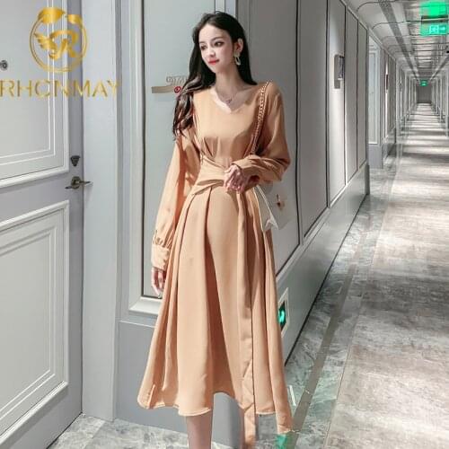 Women New French Dress Autumn Retro Long Sleeve Lace up A-line Dress Elegant Fashion Simple Solid Medium length dress