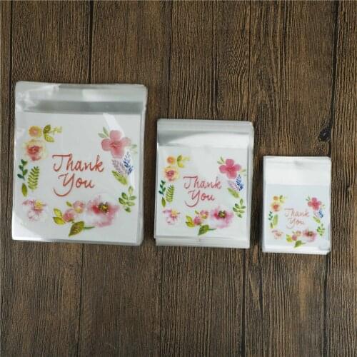 100pcs Thank You Flower Pattern DIY Resealable Transparent Opp Plastic Bags Self Adhesive Seal Jewellery Making Bag 3 Sizes