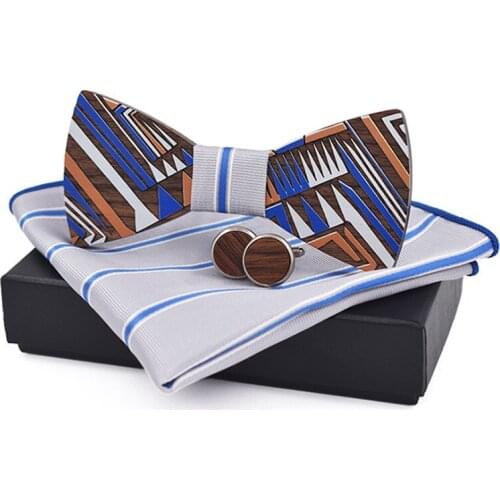 Dropshipping mens designer ties with brand tuxedo decorations cufflink kerchief print wooden bowtie set with package