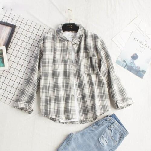 Shirts Women Long Sleeve Plaid Retro Simple All-match Loose Shirt Korean Tops Students Soft Pockets Leisure Womens Blouse Trendy