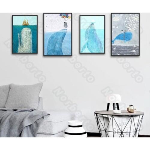 Hand-Painted Pictures Canvas Painting Poster Undersea Animals Shark Whales Dolphins Jellyfish for Home Rooms Decoration