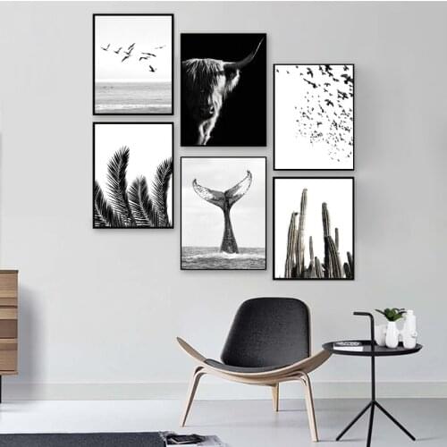 Scandinavian Black White Poster Nordic Canvas Wall Art Print Ocean Animal Whale Tail Sea Bird Painting Picture Home Decor