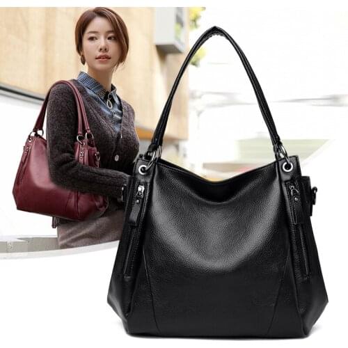 Black Big Women Tote Bags Luxury Genuine Leather Female Shoulder Bag Soft Cowhide Messenger Handbags for Ladies Large Bucket Bag
