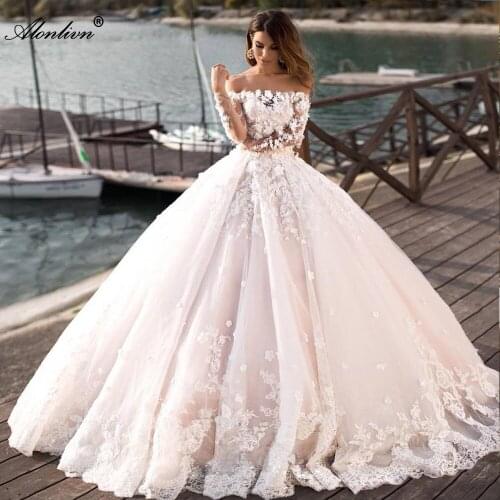 Alonlivn Luxury 3D Flowers Boat Neck Ball Gown Princess Wedding Dresses Full Sleeves Appliques Elegant Bridal Skirts Customize