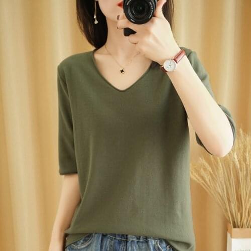 SZDYQH 2021 New Summer 100% Cotton Womens Solid Color Thin T-shirts Casual Tee Tops Spring V-Neck Short Sleeve Female Sweater