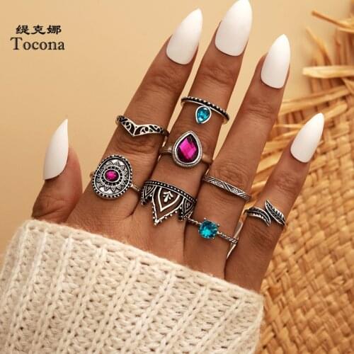 Tocona 8pcs/sets Vintage Leaf Ring Sets for Women Colorful Rhinestone Hollow Geometric Bohemian Jewelry Accessories 15146
