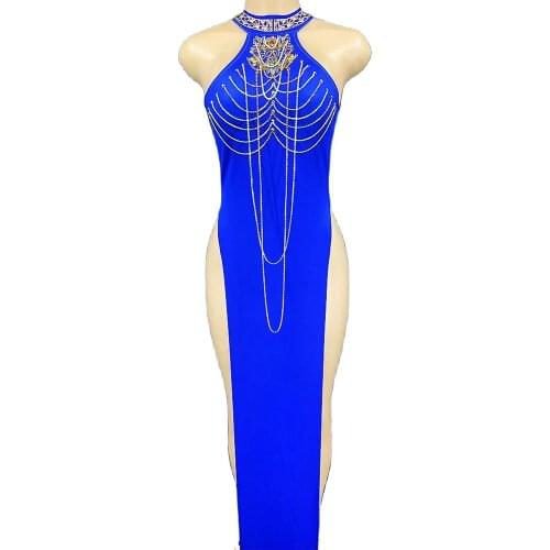 Embellished Beaded Costume Backless Performance Clothing Sleeveless High Split Fork Dress Womens Party Clothing Stage Wear Lady