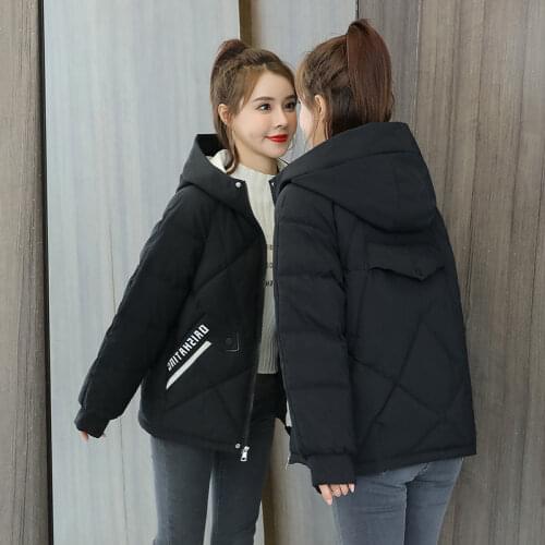 Winter jacket female 2021 new cotton han edition printed more loose hooded down short winter jacket coat