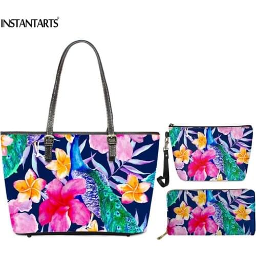 INSTANTARTS Women Fashion 3pcs PU Leather Handbag Hawaii Aloha Tropical Peacock Art Design Large Shoulder Bag Purse for Female