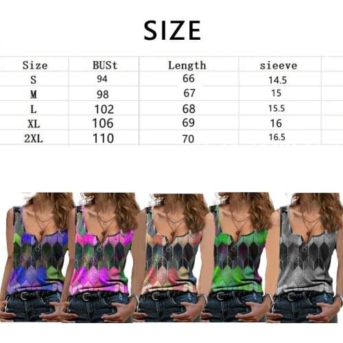 2021 New Casual Vintage Vest Tops Womens Summer Sleeveless Neck Fashion Crew Print T-Shirt Geometric Zip Blouse X3F7