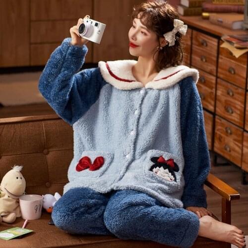 Women Pajamas Winter Fleece Animal Home Clothes Flannel Thick Sleepwear Cartoon Pijamas Robe Set Long Sleeve Hooded Nightgown