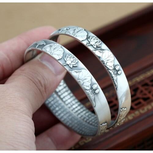 Wholesale S999 Sterling Silver Jewelry Retro Thai Silver Lotus Heart Sutra Simple Frosted Face Open Ended Women Bangle