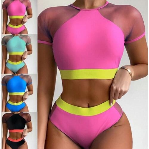 Women Sexy 2pcs Bikini Set Contrast Mesh Short Sleeve Crop Top High Waist Thong Swimsuit Color Block Bathing Suit
