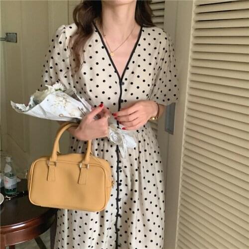 Women Summer Retro Long Dot Shirt Dress 2021 New V Neck Single Breasted Puff Sleeve A-line Midi Sundress