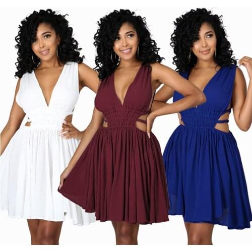 Silks Satins Women Sexy Deep V Neck Mini Dress Summer Sleeveless Waist Hollow Out Fashion Holiday Beach Dress Club Party Bodycon