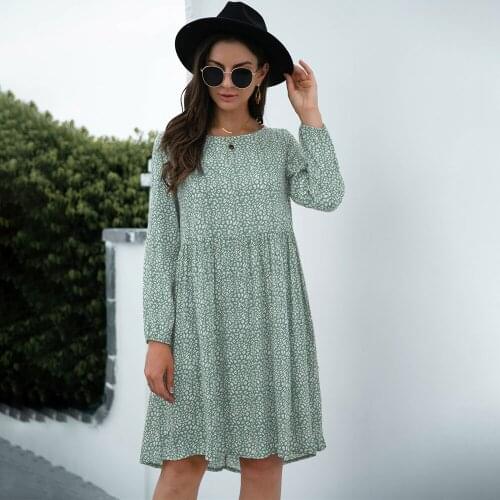 Vintage Print Elegant Women Mini Dress Loose Casual O-neck Long Sleeve Big Swing A-line Office Ladies Dresses 2021 Autumn New